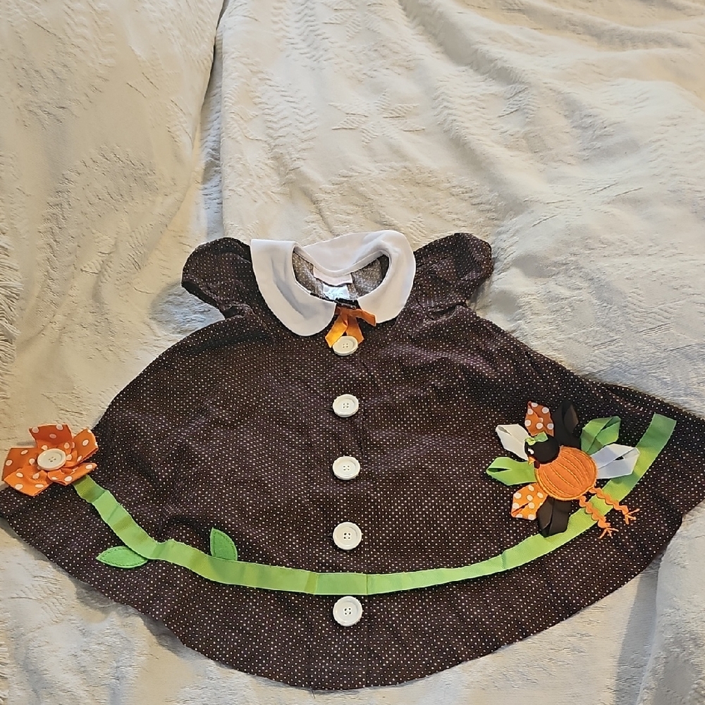 VINTAGE Bonnie Baby Dress Thanksgiving Holiday Brown Polka Dots 24 Mths Flower